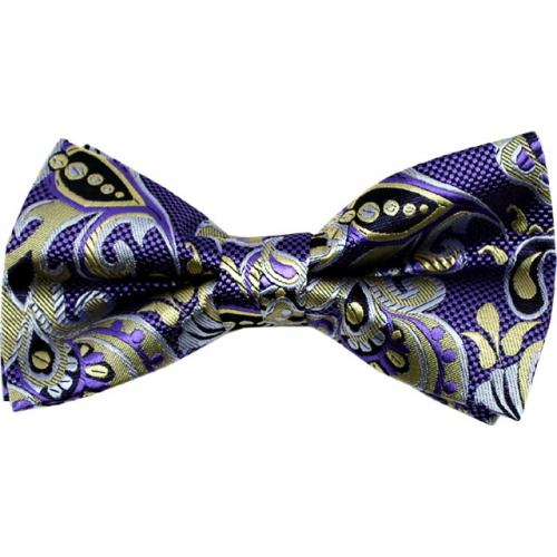 Classico Italiano Violet / Gold / Lavender Paisley Design 100% Silk Bow Tie / Hanky Set